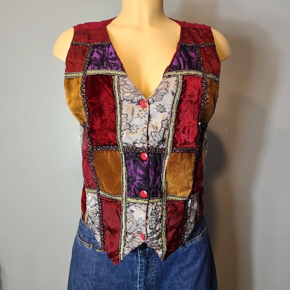 Vintage 90s Y2K Velvet Patchwork Vest Medium Jewel Tone Fairy Grunge Festival - Picture 2 of 11